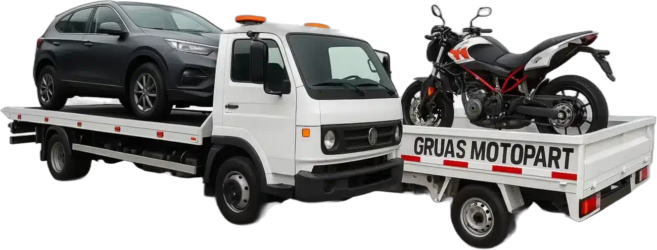Grúa de plataforma de Grúas Motopart transportando una camioneta y una moto